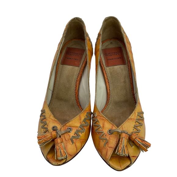 Goffredo Fantini Women Orange Leather Croc Print Peep Toe Tasseled Heel Pump 37 - Picture 2 of 9